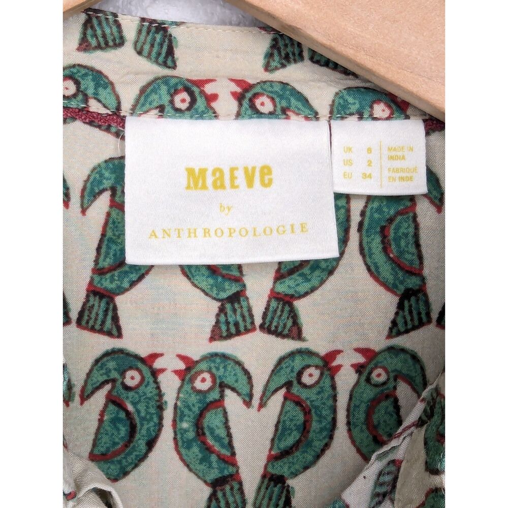 Maeve Anthropologie Birdie Ruffled Buttondown Blouse Sz 2 Tropical, Summer Boho - Picture 7 of 9